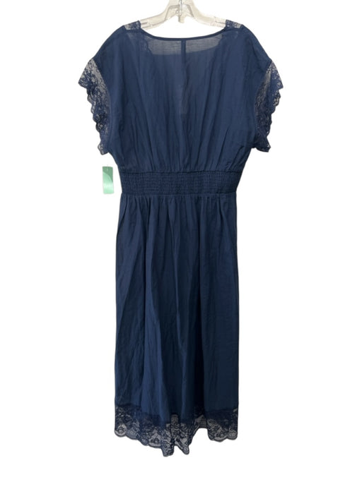 Anthropologie Size L Navy Blue Semi Sheer V Neck Lace Trim Coverup Dress Navy Blue / L
