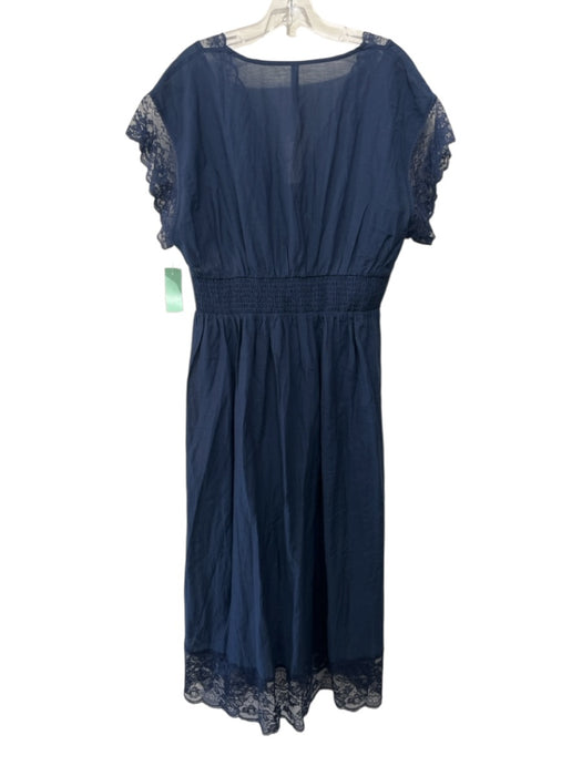 Anthropologie Size L Navy Blue Semi Sheer V Neck Lace Trim Coverup Dress Navy Blue / L