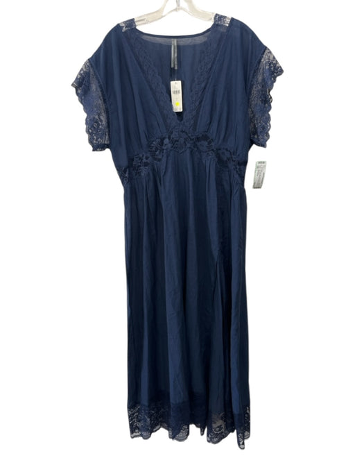 Anthropologie Size L Navy Blue Semi Sheer V Neck Lace Trim Coverup Dress Navy Blue / L