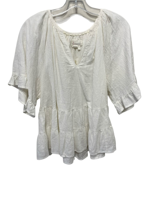Anthropologie Size S White Cotton V Neck Gathered short sleeve Top White / S