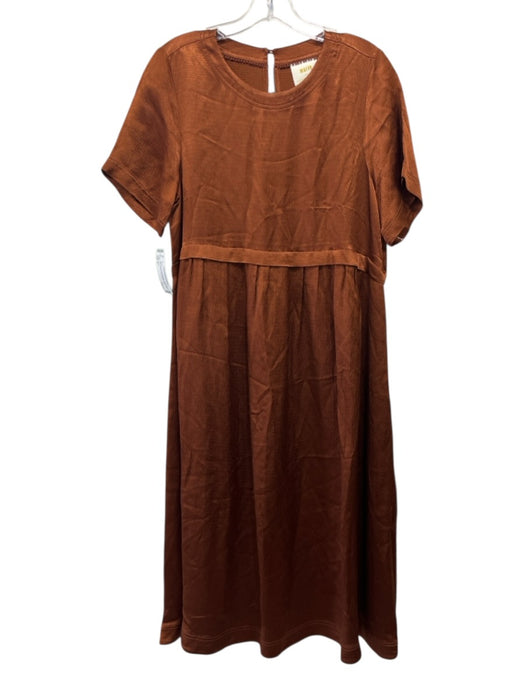 Maeve Size S Rust Brown Viscose Seersucker Short Sleeve Keyhole Back Midi Dress Rust Brown / S