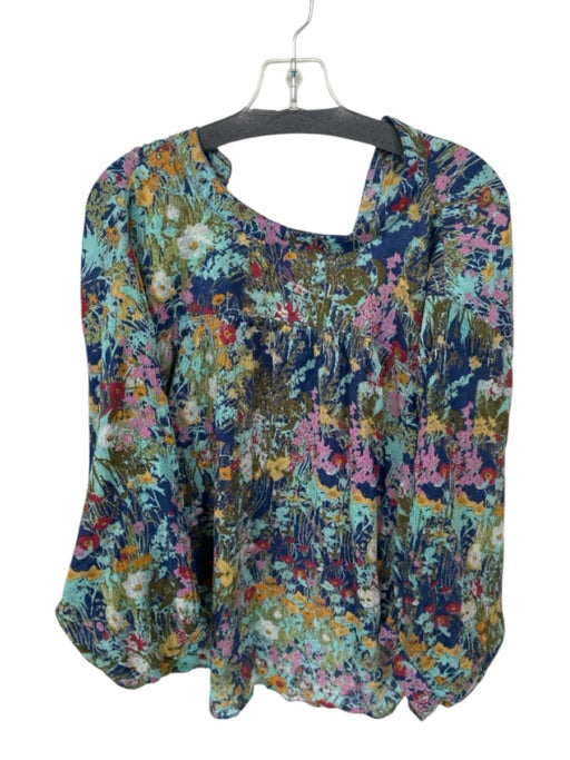 Pilcro Size MP Blue & Multi Cotton Long Balloon Sleeve Botanical Buttons Top Blue & Multi / MP