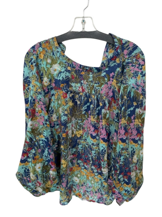 Pilcro Size MP Blue & Multi Cotton Long Balloon Sleeve Botanical Buttons Top Blue & Multi / MP