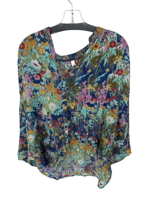 Pilcro Size MP Blue & Multi Cotton Long Balloon Sleeve Botanical Buttons Top Blue & Multi / MP