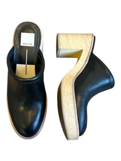 Dolce Vita Shoe Size 8.5 Black & Tan Leather Faux Wood Platform Block Heel Clogs Black & Tan / 8.5