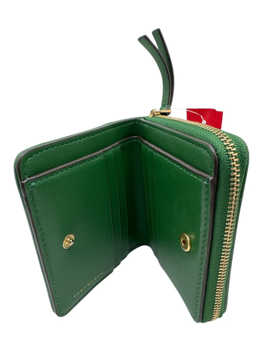 Tory Burch Green Leather Quilted Detail Gold Hardware Coin Purse Wallets Green