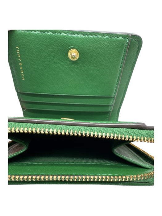 Tory Burch Green Leather Quilted Detail Gold Hardware Coin Purse Wallets Green
