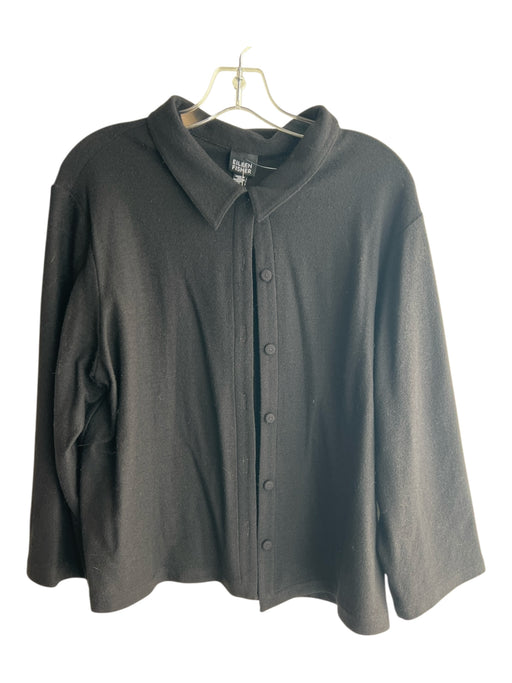 Eileen Fisher Size XL Black Wool Long Sleeve Button Front Wide Sleeves Top Black / XL