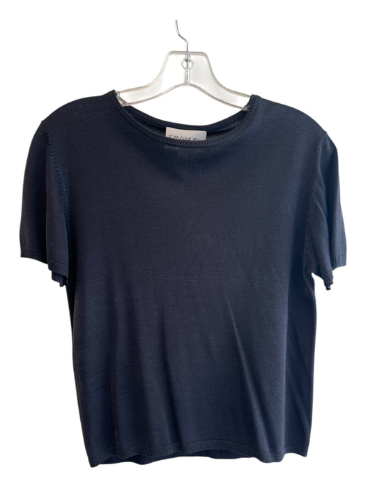 Emanuel Ungaro Size L Black Silk Short Sleeve Ribbed Detail Round Neck Top Black / L