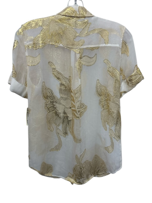 Equipment Femme Size S Cream & Gold Silk Short Sleeve Metallic Thread Blouse Top Cream & Gold / S