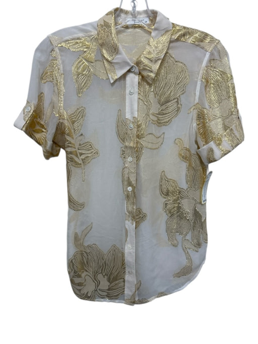Equipment Femme Size S Cream & Gold Silk Short Sleeve Metallic Thread Blouse Top Cream & Gold / S