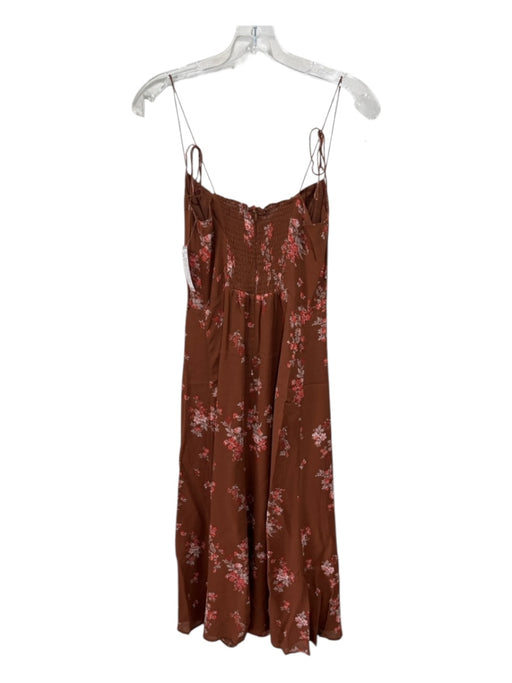 Reformation Size 6 Brown, Beige, Red Viscose V Neck Flowers Side Slit Midi Dress Brown, Beige, Red / 6