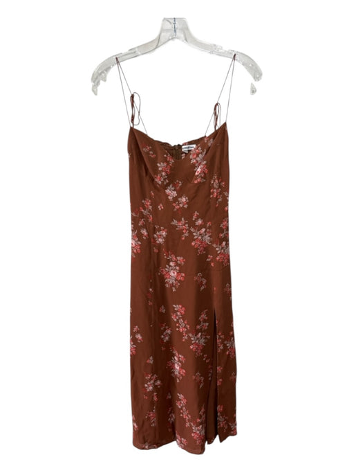 Reformation Size 6 Brown, Beige, Red Viscose V Neck Flowers Side Slit Midi Dress Brown, Beige, Red / 6