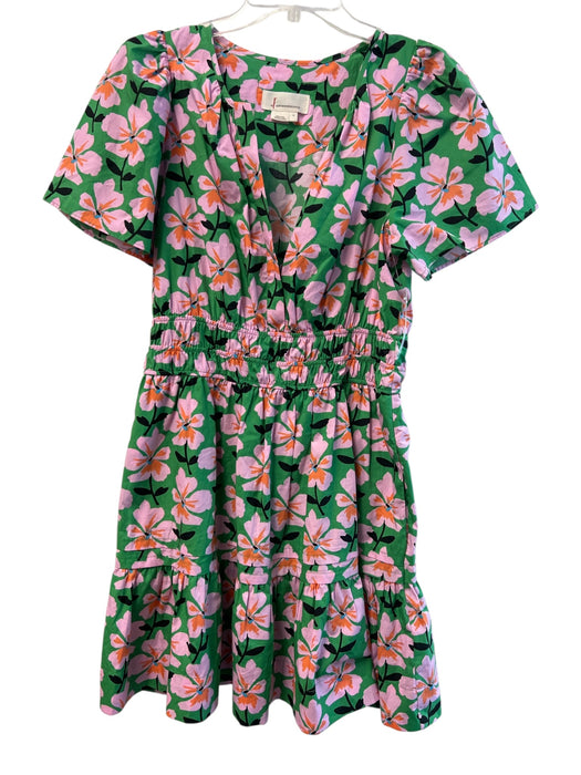 By Anthropologie Size Medium Green & Multi Cotton Floral V Neck Mini Dress Green & Multi / Medium