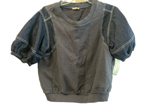 Pilcro Size Small Navy Cotton Short Puff Sleeve Round Neck Stitch Detail Top Navy / Small