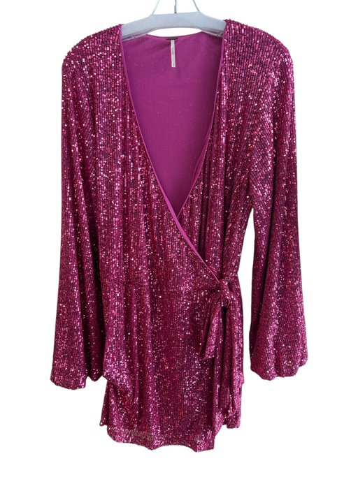 Free People Size Medium Pink Polyester Sequins lined Wrap Long Sleeve Dress Pink / Medium