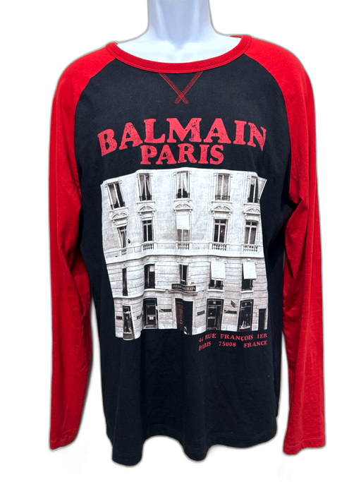 Balmain Size M Black, Red, Multi Cotton Graphic Men's Long Sleeve Top Black, Red, Multi / M