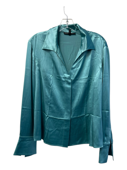 Lafayette 148 Size 14 Turquiose Silk Long Sleeve Button Front V Neck Collar Top Turquiose / 14