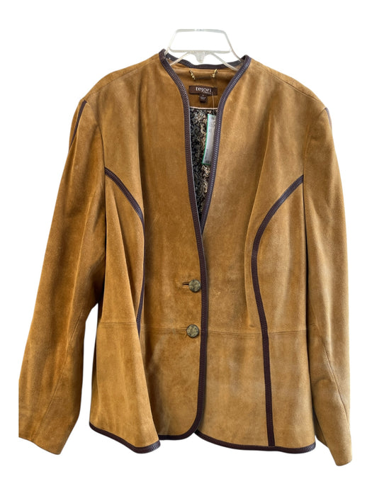 Tesori Size 1X Camel Leather Suede High Neck Two Button Leather Detail Jacket Camel / 1X
