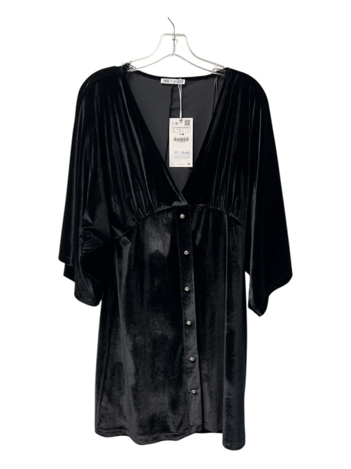 Zara Size L Black Polyester Velvet V Neck butt seams Quarter Sleeve Dress Black / L
