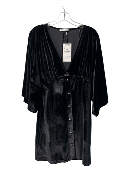 Zara Size L Black Polyester Velvet V Neck butt seams Quarter Sleeve Dress Black / L