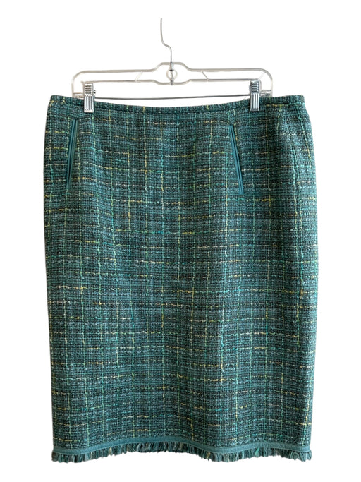 Lafayette 148 Size 16 Green Multi Wool & Cotton Plaid Raw Edge Detail Skirt Green Multi / 16