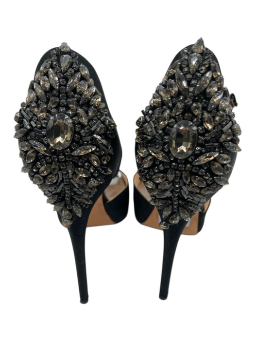 Badgley Mischka Shoe Size 8.5 Black Satin Peep Toe Rhinestone Heel Detail Pumps Black / 8.5