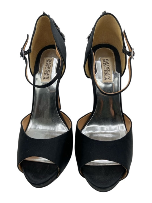 Badgley Mischka Shoe Size 8.5 Black Satin Peep Toe Rhinestone Heel Detail Pumps Black / 8.5