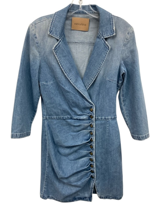 Retrofete Size M Medium light wash Cotton Blend Denim Blazer Ruched Dress Medium light wash / M