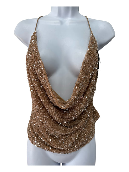 Retrofete Size L Taupe & Gold Nylon Cowl Neck Spaghetti Straps Top Taupe & Gold / L