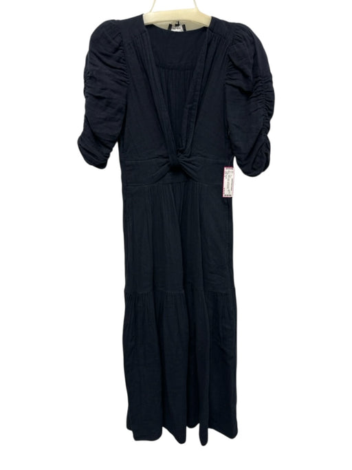 ME+EM Size 4 Black Cotton Puff Half Sleeve Split Neck pleats Midi Dress Black / 4