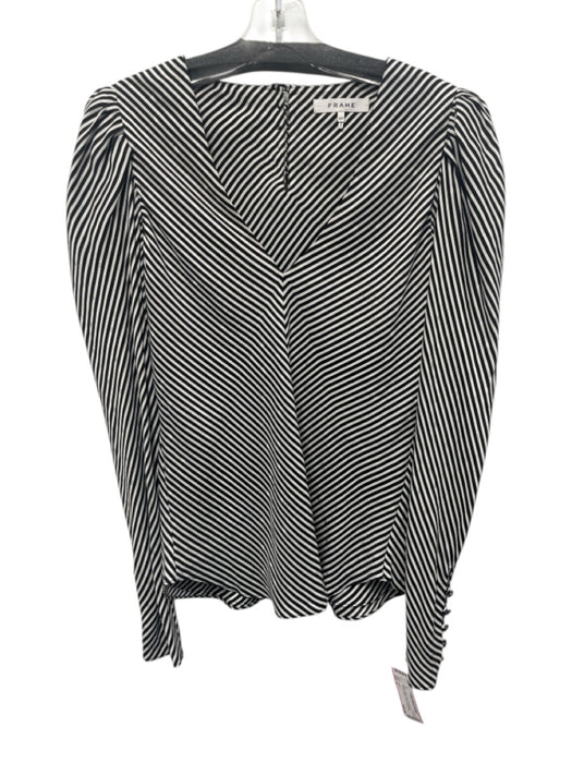 Frame Size S Black & White Silk Long Sleeve Diagonal Stripe V Neck Top Black & White / S