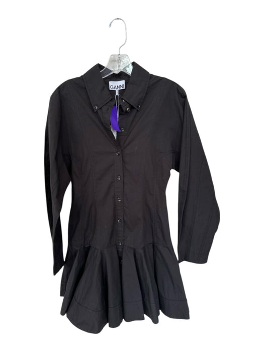 Ganni Size 34 Black Cotton Button Down Pleated Skirt Collar Mini Dress Black / 34