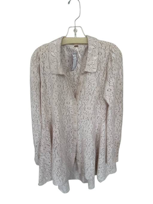 Free People Size XS Cream Polyester Blend Lace Button Up Long Sleeve Mini Dress Cream / XS