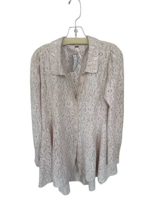 Free People Size XS Cream Polyester Blend Lace Button Up Long Sleeve Mini Dress Cream / XS