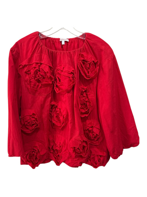 Frances Valentine Size L Red Cotton Long Sleeve Rose Applique Elastic Neck Top Red / L