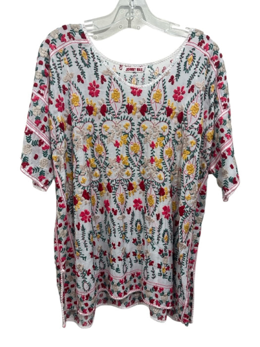 Johnny Was Size M White, Red & Multi Cupra Rayon Short Sleeve Whipstitch Top White, Red & Multi / M