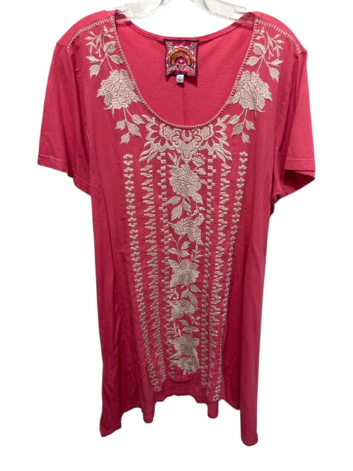 Johnny Was Size L Pink & Cream Cotton Short Sleeve Floral Embroidery Tunic Top Pink & Cream / L