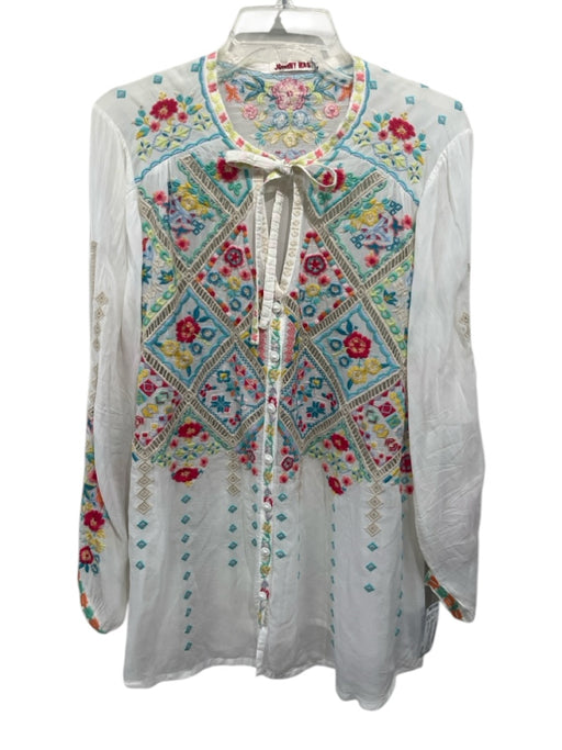 Johnny Was Size L White, Red & Multi Cupra Rayon Long Sleeve Ladder Lace Top White, Red & Multi / L