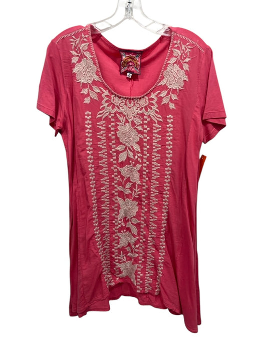 Johnny Was Size M Pink & White Cotton Embroidered Floral Short Sleeve Top Pink & White / M