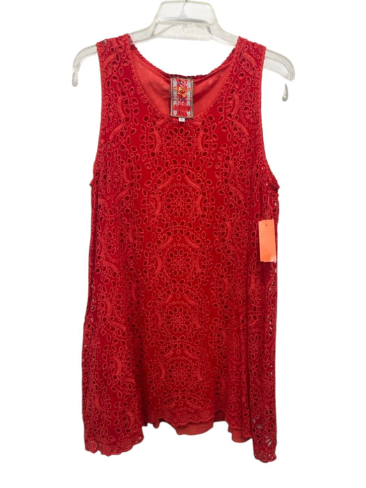 Johnny Was Size L Red Orange Cupra Rayon Sleeveless Floral Eyelet A Line Dress Red Orange / L
