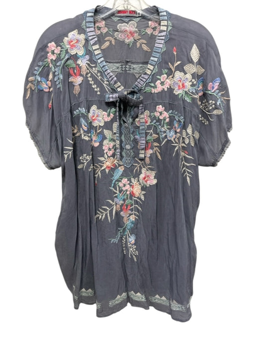 Johnny Was Size XL Gray & multi Cupra Rayon Short Sleeve Floral Embroidery Top Gray & multi / XL