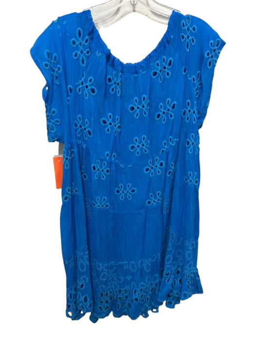 Johnny Was Size L Blue Cupra Rayon Off Shoulder Eyelet Cap Sleeve Tie Neck Dress Blue / L