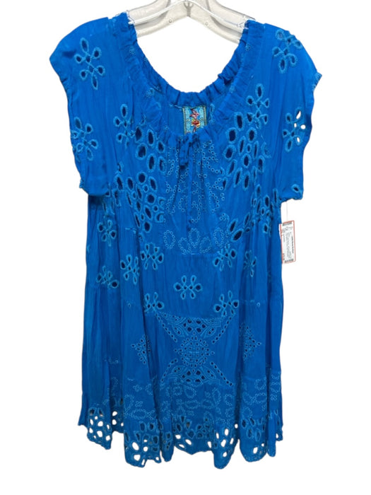 Johnny Was Size L Blue Cupra Rayon Off Shoulder Eyelet Cap Sleeve Tie Neck Dress Blue / L