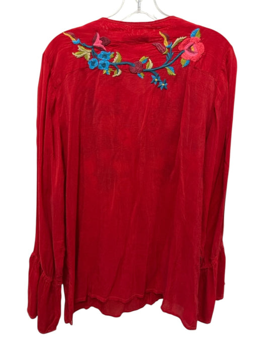 Johnny Was Size L Red & Multi Rayon Floral Embroidered Tie V Neck Top Red & Multi / L