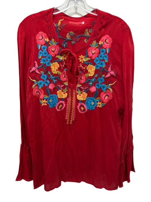 Johnny Was Size L Red & Multi Rayon Floral Embroidered Tie V Neck Top Red & Multi / L
