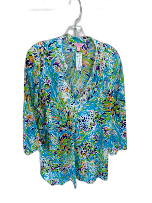 Lilly Pulitzer Size XL Blue & Green Cotton Long Sleeve Beaded Neckline Coverup Blue & Green / XL