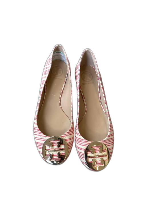 Tory Burch Shoe Size 8.5 Red & White Leather Striped Logo GHW Flats Red & White / 8.5