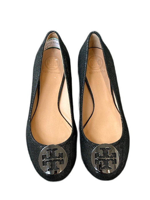 Tory Burch Shoe Size 8.5 Black & Silver Leather & Canvas Metallic Logo Flats Black & Silver / 8.5
