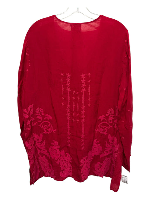 Johnny Was Size Large Red Cupra Rayon Long Sleeve Floral Embroidery V Neck Top Red / Large